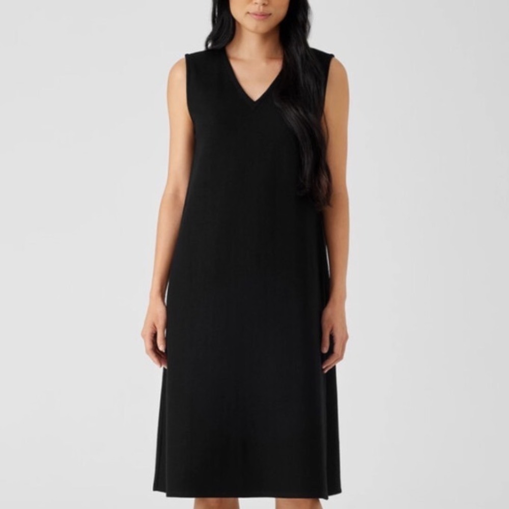 Eileen Fisher Black 100% Wool Sleeveless Midi Dress Medium Minimalist